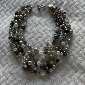 Multi-Strand Pearl & Crystal Statement Necklace in Silver, Black and White